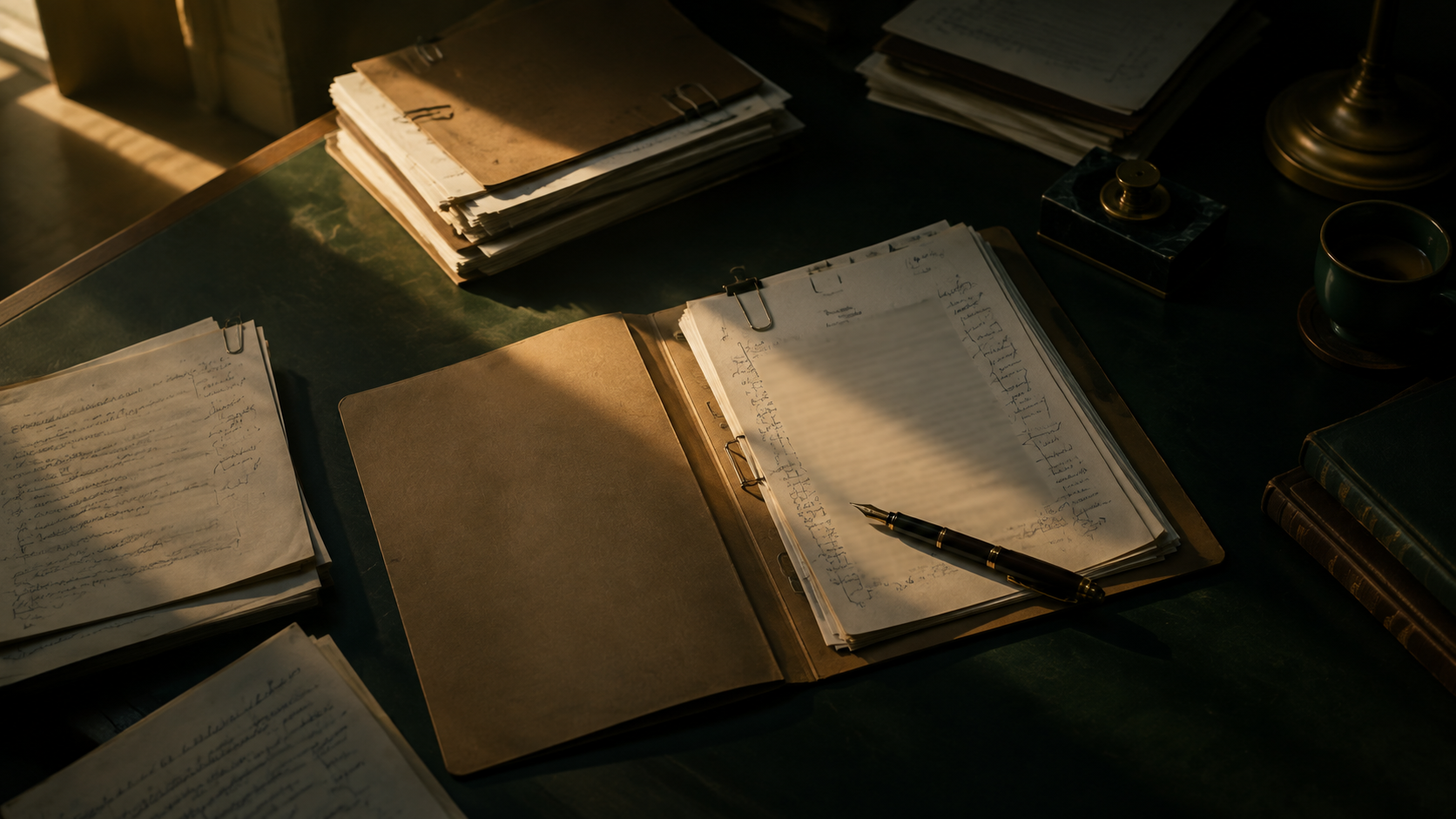 Pracovný stôl s rozloženými spismi a poznámkami, pripravený pred konzultáciou